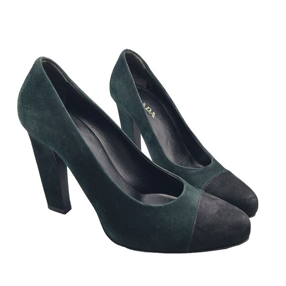 Prada Heel Pumps Shoes Donna Calzature Green Black Suede Cap Toe Sz 6 36 Used - Picture 3 of 10